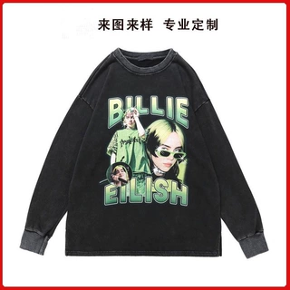 定制美式复古嘻哈碧莉头像印花长袖卫衣 水洗做旧白墨直喷T恤男女