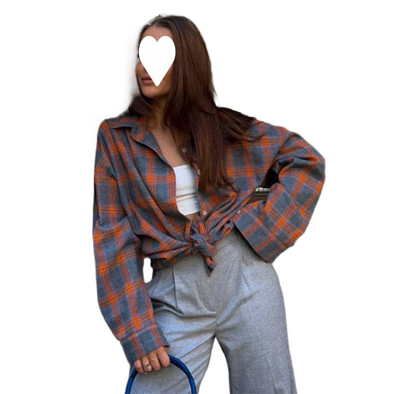 亚马逊跨境2025秋季复古风百搭翻领宽松衬衣格纹长袖口袋女式衬衫|undefined