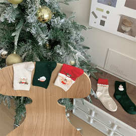 新款冬ins风圣诞节白色彩点中筒袜子女 红色雪人麋鹿堆堆袜礼盒