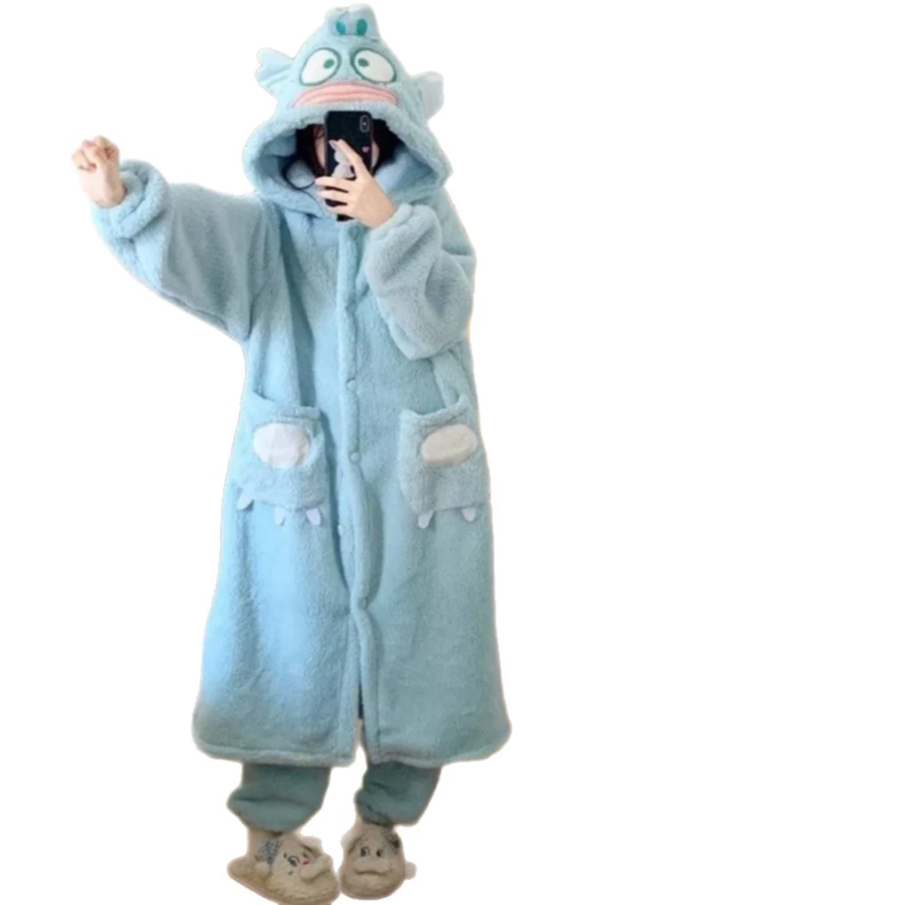 Мультяшная теплая пижама с капюшоном, коралловая бархатная банная robe, комплект