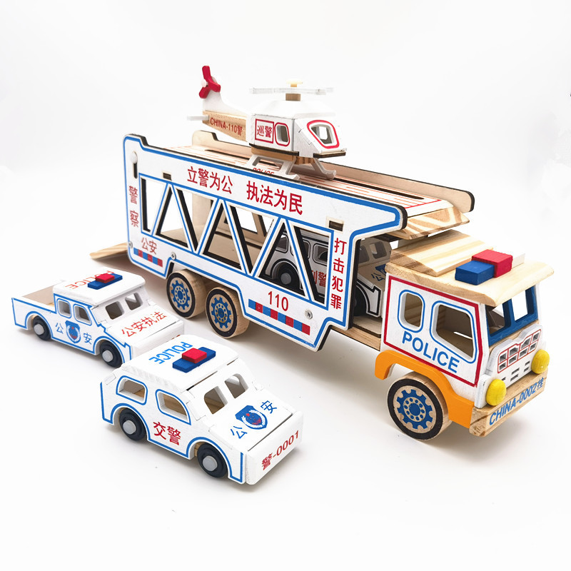 New Wooden Car Model Ornaments Creative Double-layer Wood Public Security Transport Vehicle Kidsren's Early Education Car Model Toy
