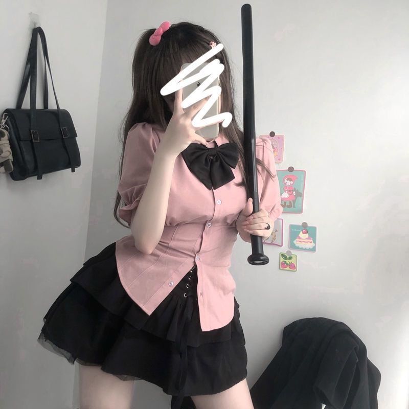 Summer new Japanese JK uniform suit women's sweet waist slimming puff sleeve shirt high waist fluffy cake skirt