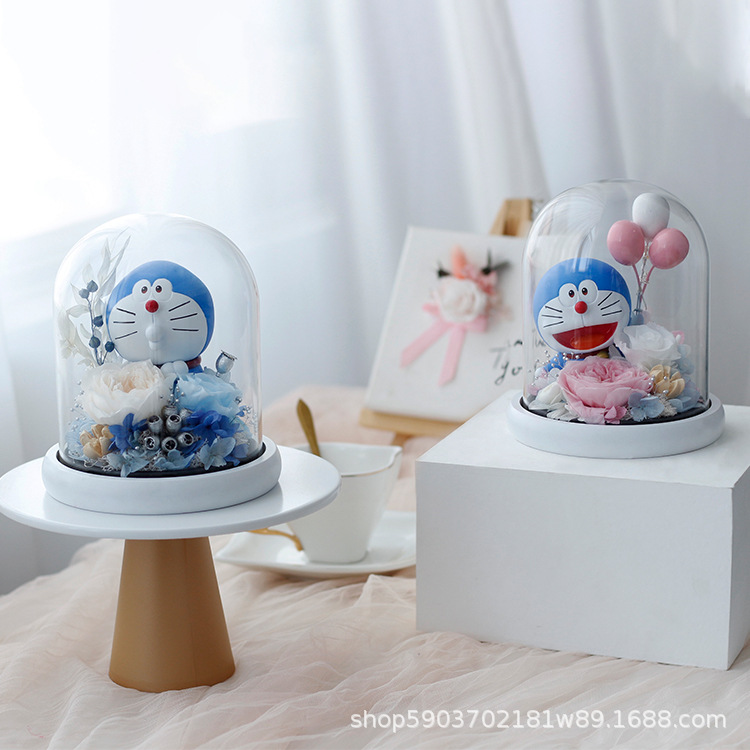 Regalo del Día de San Valentín al por mayor Doraemon eterna flor Rosa cubierta de vidrio decoración de la Oficina novia regalo de cumpleaños