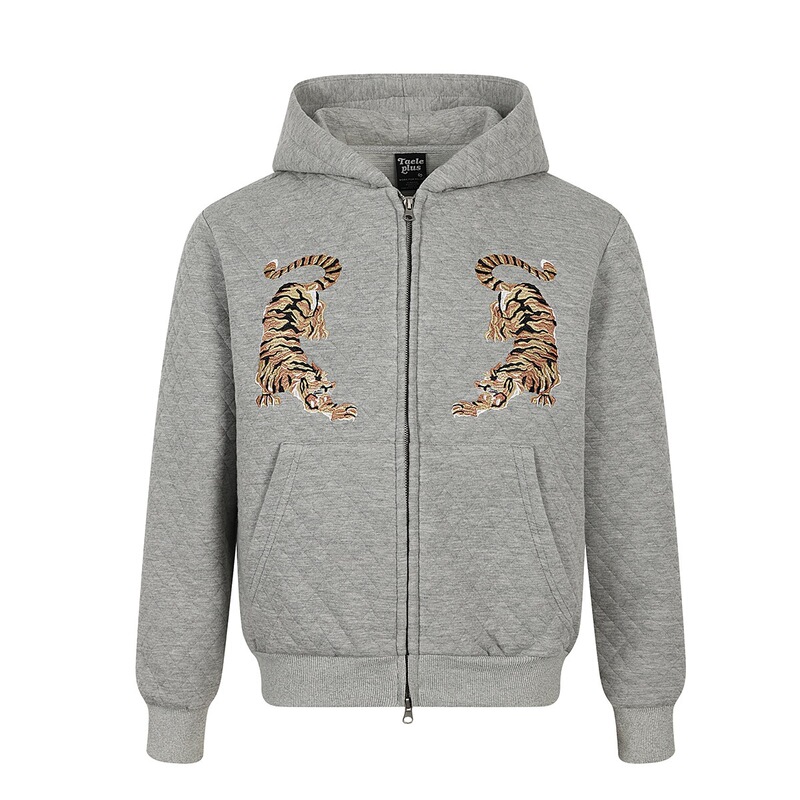 2026 Autumn New Men's Thickened Jacket with Tiger Embroidery and Diamond Pattern, Hooded Cardigan Sweatshirt