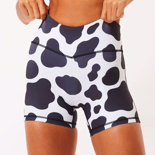 Cross-border foreign trade color printed dopamine sports fitness three-point shorts yoga wear elastic slimming belly and hip lift