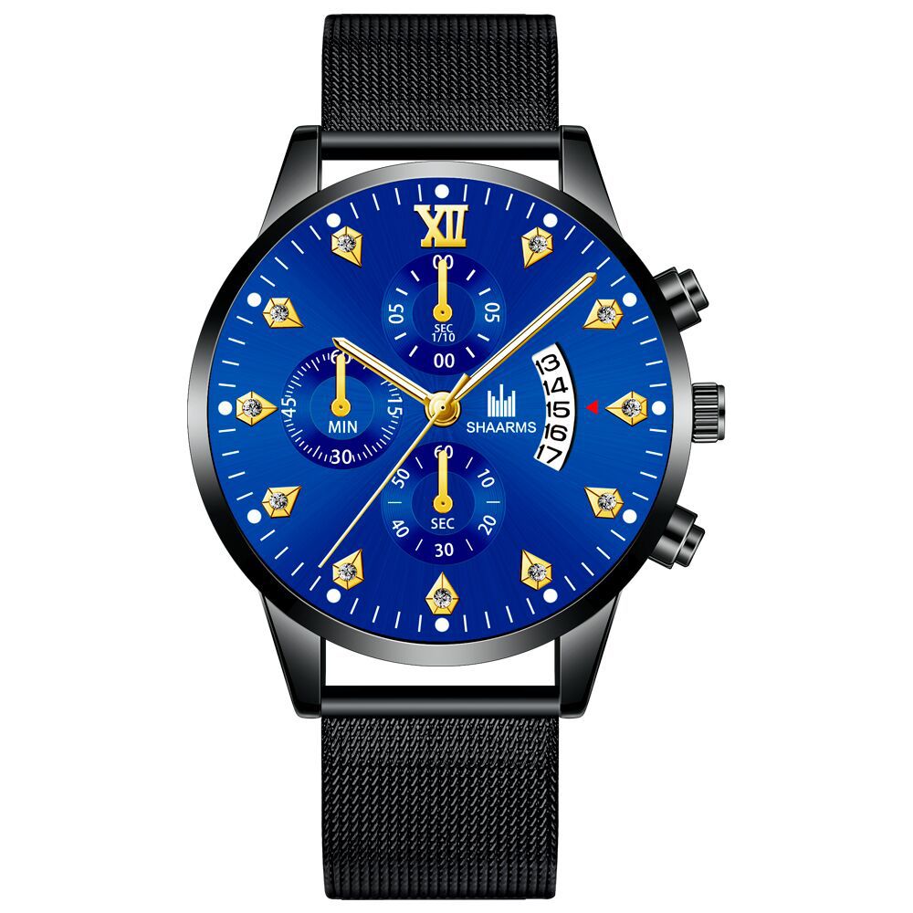 Wish Men's Quartz Watch Personalized Trendy Roman Scale Fake Three-Eye Alloy Mesh Strap Calendar Watch Men's Model