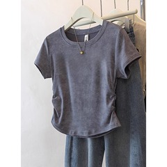 大きいサイズの婦人服の新しい爆発の半袖のtシャツは腹を遮ってやせています丸首の上着がゆったりしていて痩せています。