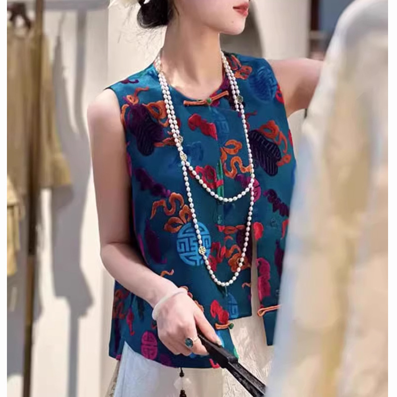 New Chinese Style Tang Suit Buckle Vest Vest Women's Summer Light Luxury High-end Sense Chinese Style Printed Waistle Jacket Top