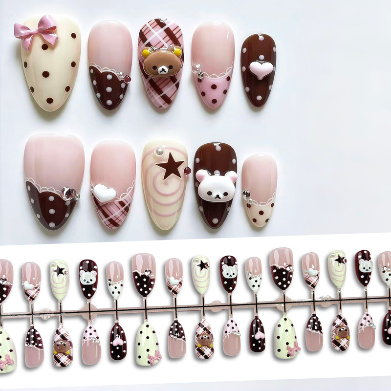 Y2K Millennial Cute Pink-Brown 3D Rilakkuma Wearable Nails Cross-Border European and American Ins Vintage Nail Stickers Wholesale