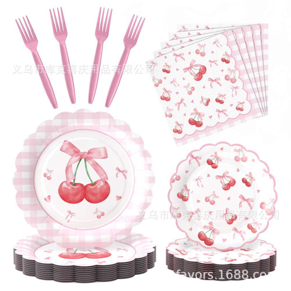 Nuevo arco de cereza tema decoración de fiesta de cumpleaños de niños bandeja de papel tazas de papel toallas de papel set de cubiertos