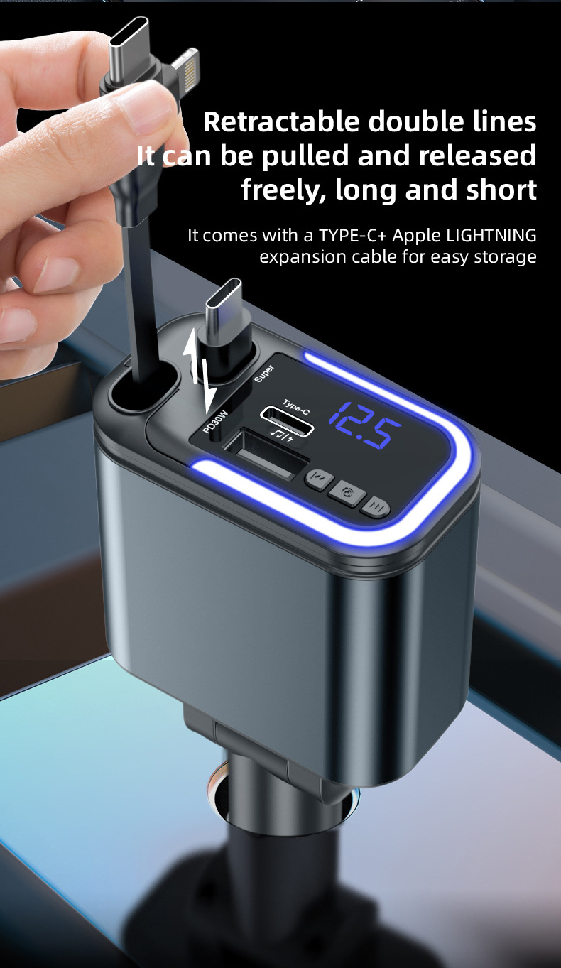Car Charger Multi-Function Fast Charging Car Mp3 Player Bluetooth Plug-In USB Disk Listening to Music with Retractable Cable Five-In-One