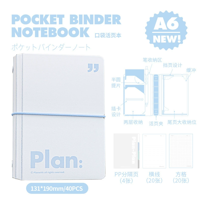 Pocket Binder Notebook Planwith, minimal refillable A6/A7, tear-off pages, portable