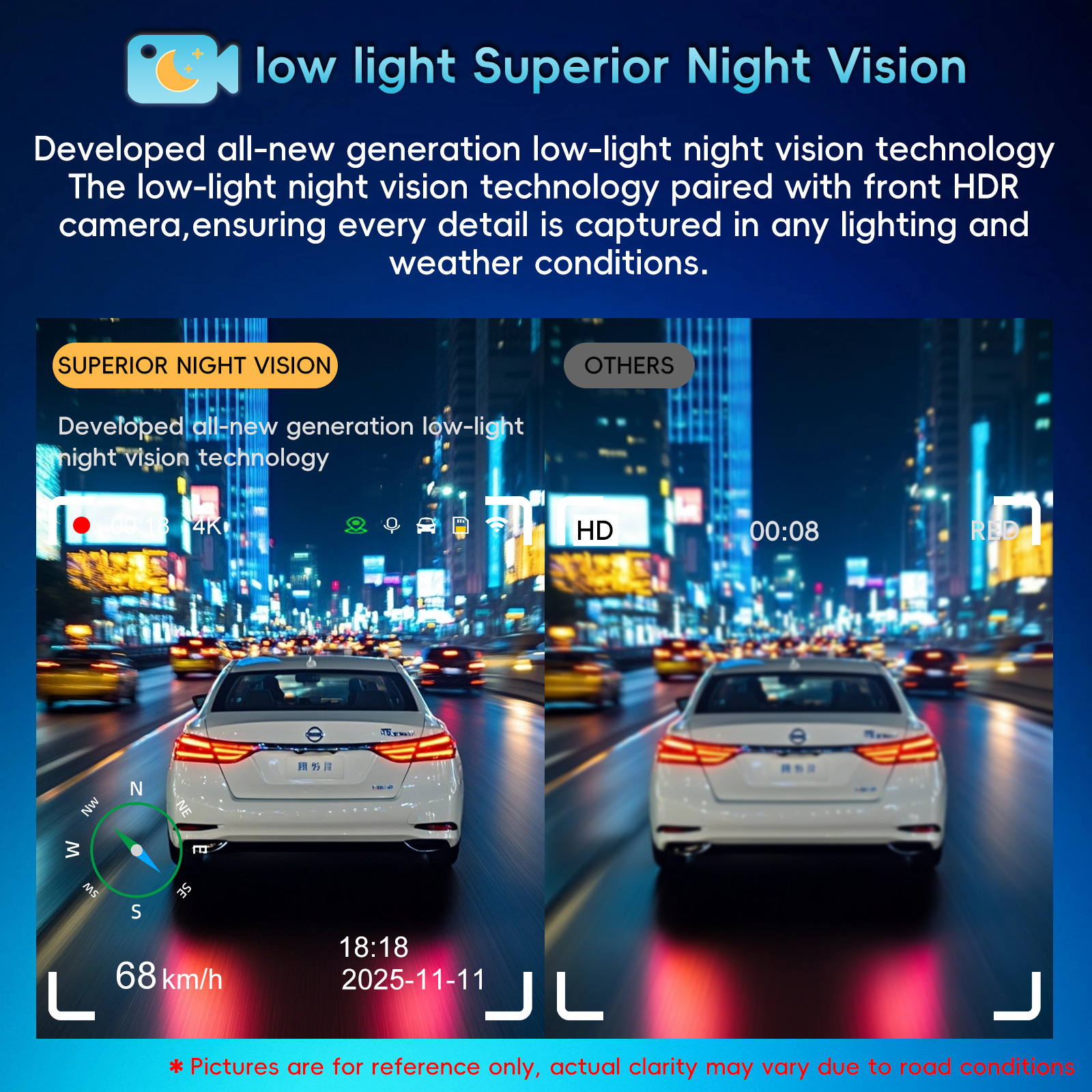 4K+Adas Dual Recording Front and Rear, High-Definition Night Vision, Supports Time-Lapse Recording, Gps Track Tracking, Driving Recorder