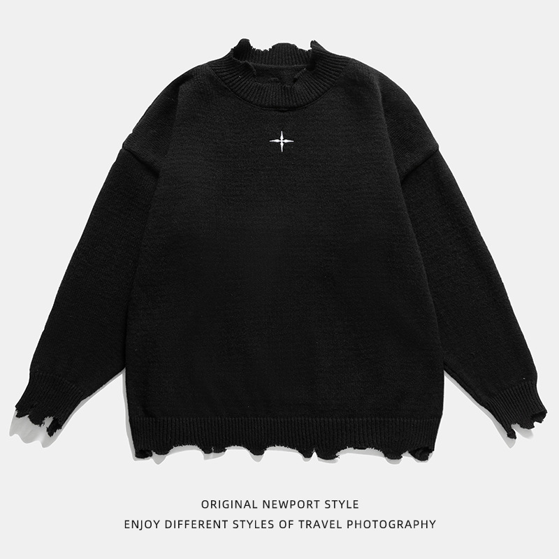 Irregular destruction frayed design sweater for men and women autumn and winter New American embroidery fashion brand loose round neck sweater