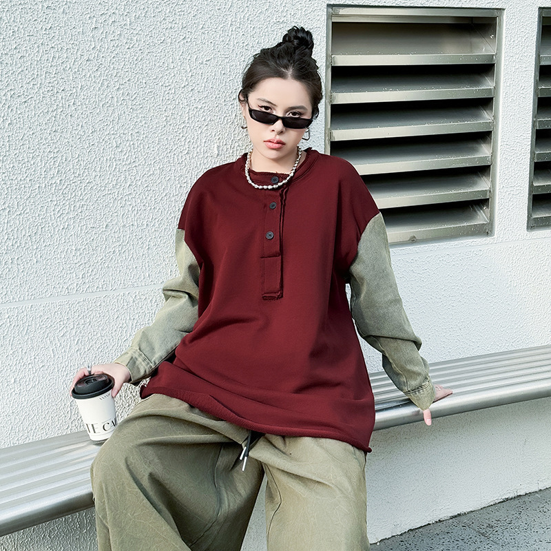 American Retro Contrasting Color Washed Denim Splicing Long-Sleeved Sweatshirt Spring & Fall New Small Niche Design Loose Top American Retro Contrasting Color Washed Denim Splicing Long-Sleeved Sweatshirt Spring & Fall New Small Niche Design Loose Top