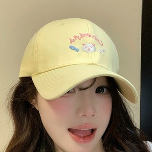 Cute kitten embroidered baseball cap women's spring and summer big head circumference wide brim face small cap Korean style all-match hat