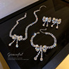 Fashionable necklace and earrings with bow, bracelet, set, European style, diamond encrusted