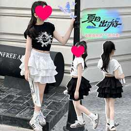 女童韩版休闲裙套装中大童夏季新款洋气蝴蝶结短袖蛋糕短裙两件套