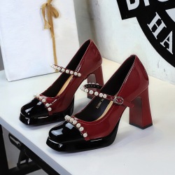 9988-H112 Retro Small Fragrant Style Square Head Coarse Heel Mary Jane Shoes Women's Waterproof Platform Pearl High Heels Single Shoes Women