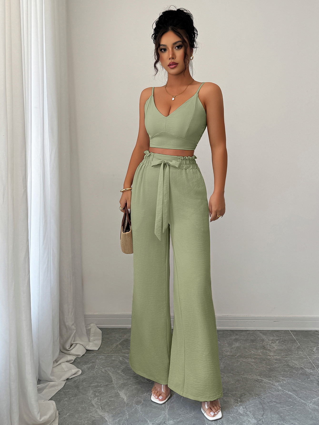 364g Weight Sleeveless Sleeve Length Polyester Fabric Type Pant Co-ord Set Sets Type 2 Pieces Set Quantity Casual, Daily Occasion Strap Neckline Slim, Loose Fit Type Solid Color Pattern Summer Season Women's Gender Casual, Sexy Style Casual Daily Women's Casual Sexy Solid Color Polyester Pant Co-ord Set Pants Sets 3