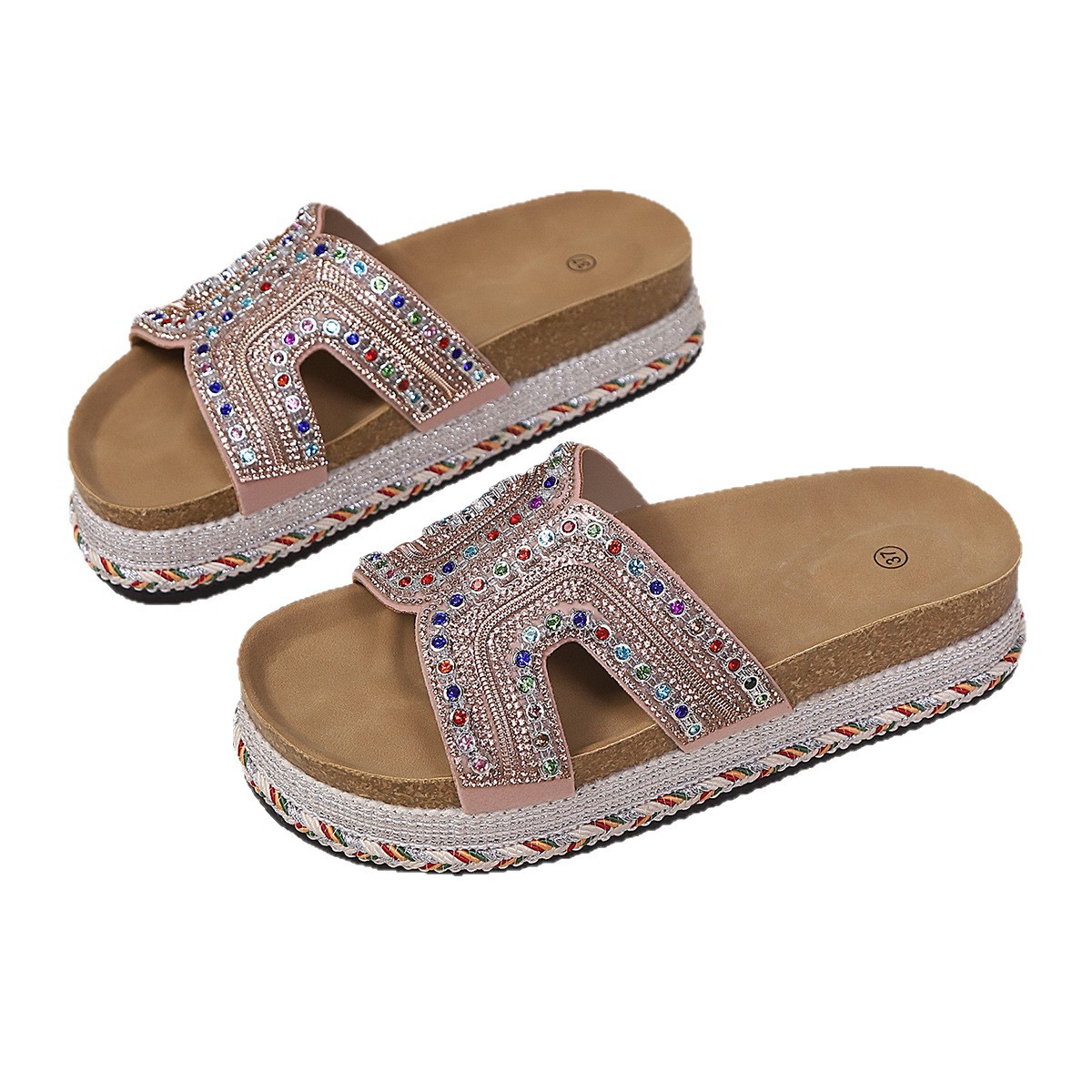 Women's Rhinestone Platform Sandals Summer New Style With Cork Buckle Size 43 Shoes_voghion.com