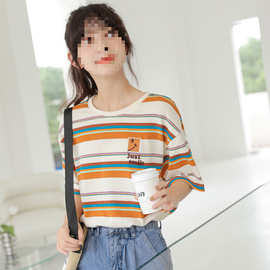 桔蓝撞色春夏新款女童条纹T恤女韩版宽松甜酷短袖纯棉上衣女潮