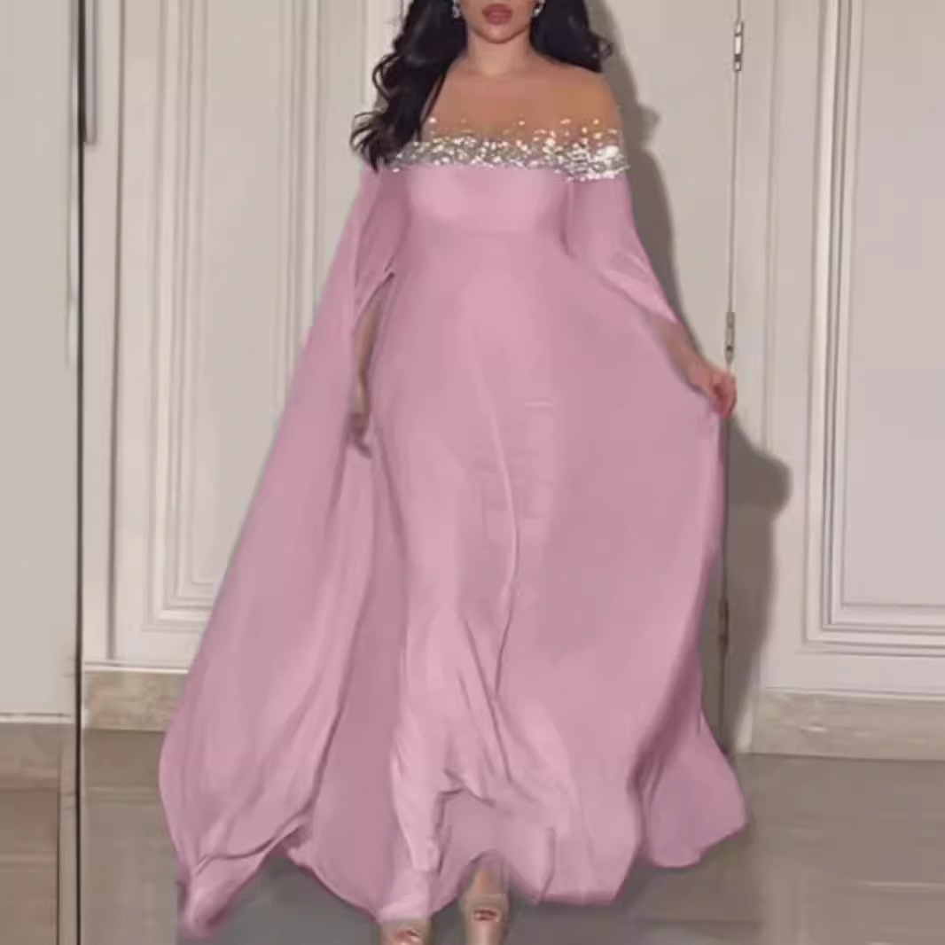 Women's Clothing Temperament Sexy High Waist Hot Diamond Pearl Chiffon Banquet Evening Dress_voghion.com