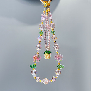 Everything Goes Well, Peach Blossom Glass Mobile Phone Chain, New Accessible Luxury Exquisite Bag Lanyard, Short Clip Wrist Chain