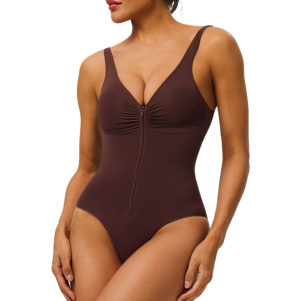 High Pressure Seamless Shapewear Bodysuit Tummy Control Gathering Underwear With Suspenders And Zippers_voghion.com