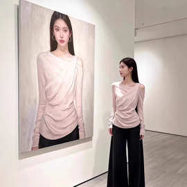 韩系露肩假两件长袖t恤女2026春季新款大码胖MM修身收腰打底上衣