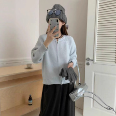 韩系高级感圆领拉链针织开衫上衣女秋冬季宽松新款慵懒风毛衣外套