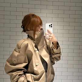 斜立领双排扣下摆收褶美拉德感短款风衣女2025秋季新款夹克潮