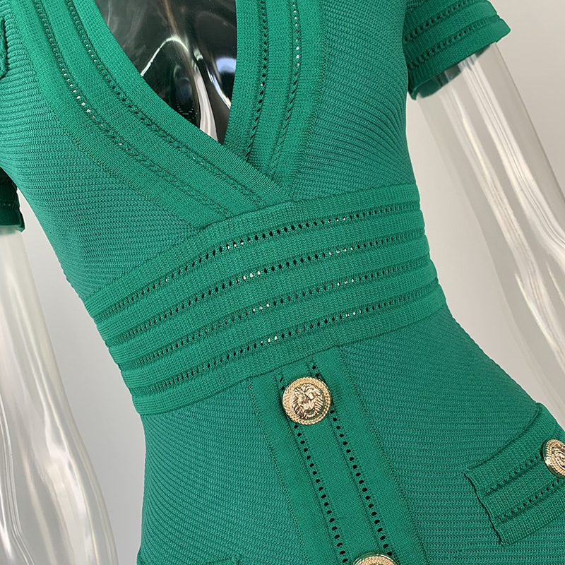 Spring Knitted Short Sleeved V neck Dress Sheath Army Green Black Texture