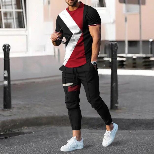 男性のスーツの夏の青年の半袖のtシャツのストライプは色のゆったりした弾力の薄い運動のズボンの2つのセットをつづり合わせます。|undefined
