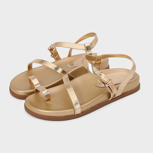 ZA Women's Shoes 2024 Summer New Arrival Golden Metal Tape Fin Toe Fashion Strap Flat Roman Sandals Women's Thick Sole