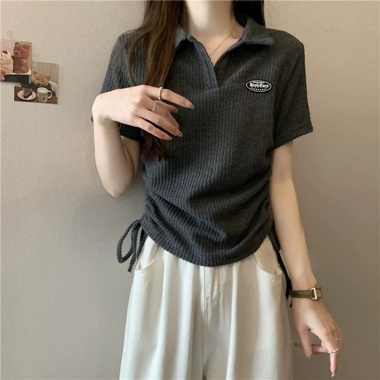 Large size American front shoulder polo neck short sleeved t-shirt for women 2024 new summer chubby mm top design_voghion.com