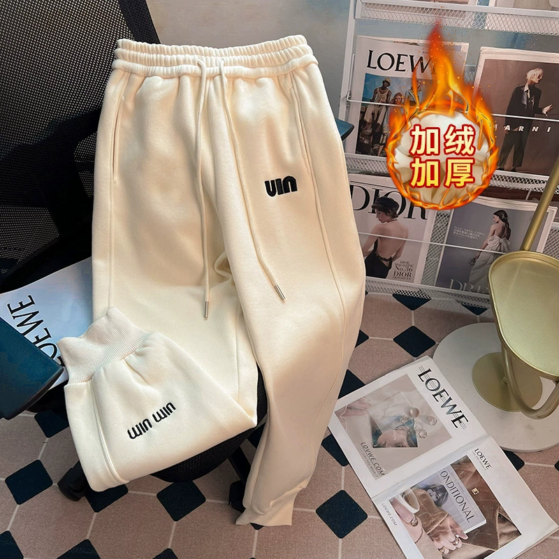 Реальная стрельба из китайского хлопка действительно супер бархатный женский осенний и зимний вышивка корейская версия с высокой талией отдыха спортивные широкие ноги теплые брюки