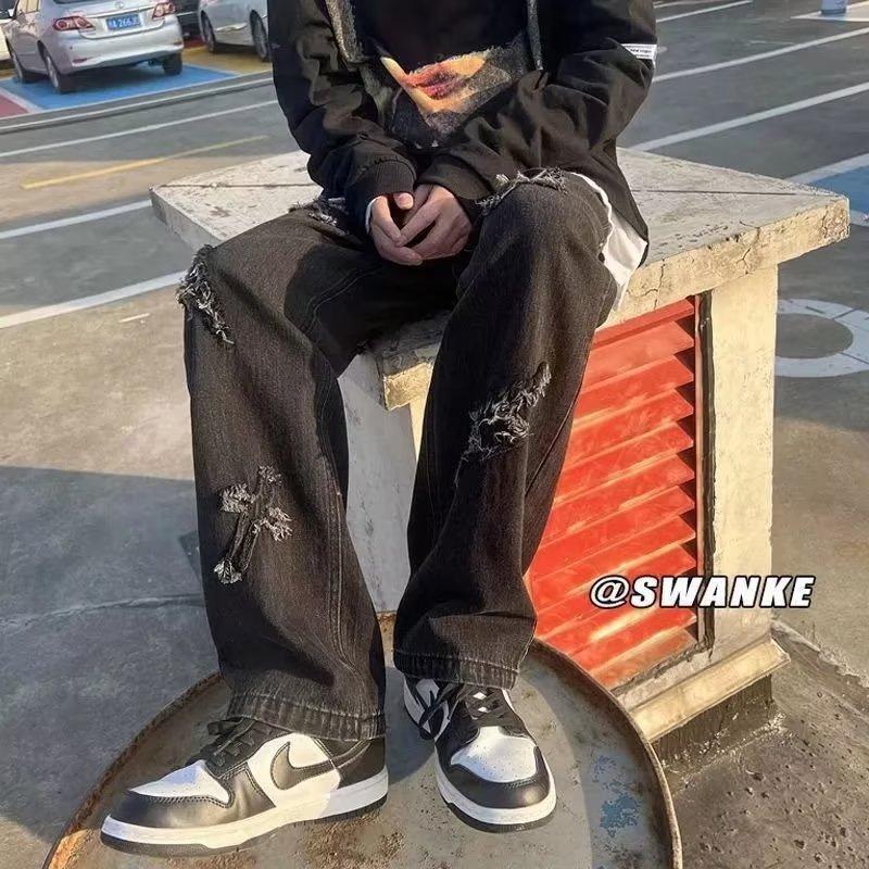 High Street Men's Jeans with Cross Patch, Trendy American Hip-Hop Street Style, Straight-Leg, Wide-Leg, Floor-Length Pants