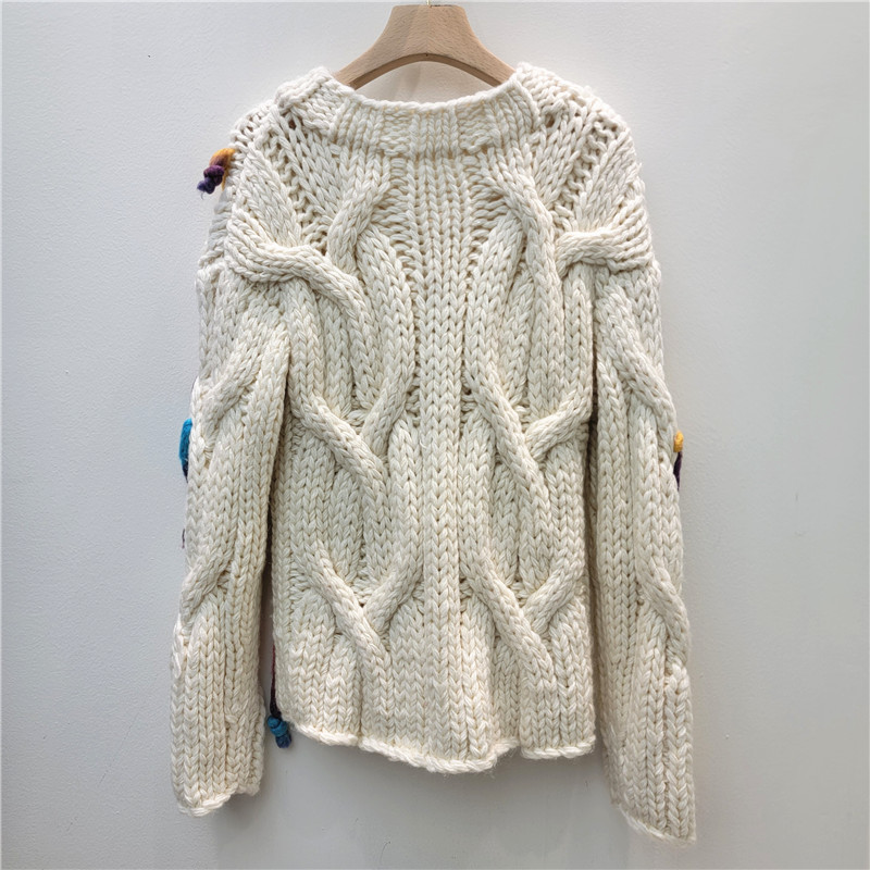 Retro mano pesada agujas de cuello redondo bordado de color bordado tejido cardigans suéter chaqueta chaqueta pequeña mujer