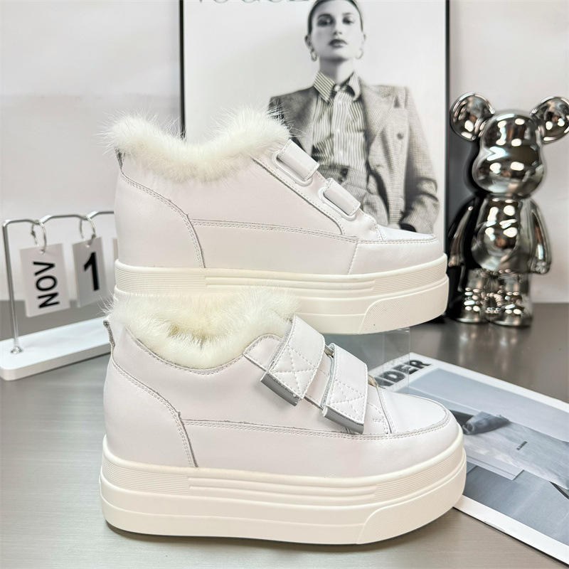 Fleece Lined Platform Sneakers Genuine Leather Women's White Boots_voghion.com
