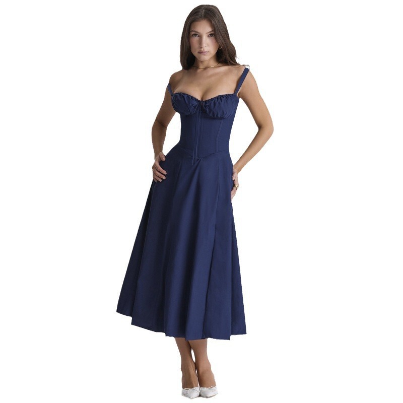 Women's Simple Waist-Cinching Corset Square-Neck Midi Dress, French-Style Elegant Slit Dress, Party Dress