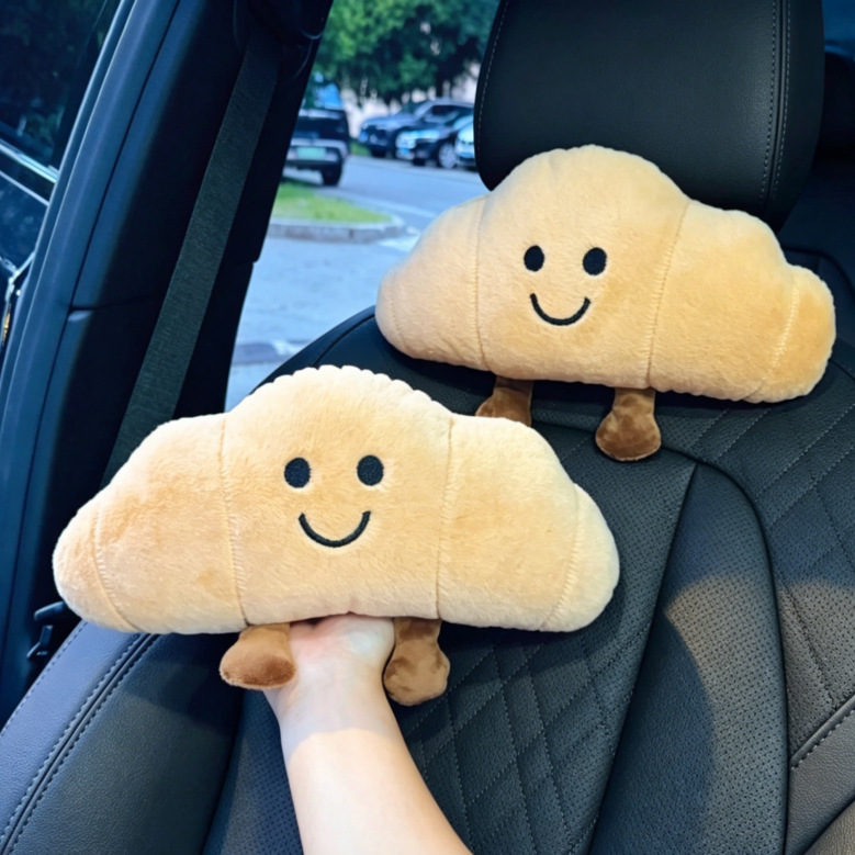 Fun and Cute Croissant Car Headrest Pillow Plush Car Doll Doll Creative Cartoon Headrest Pillow