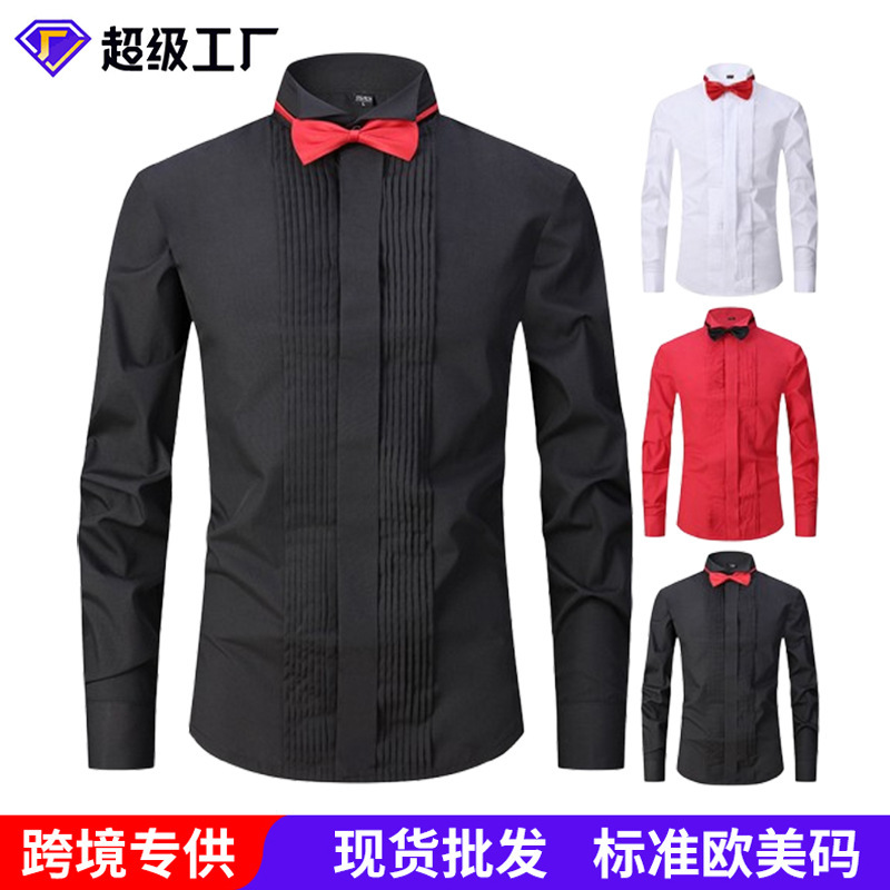Pure Black Performance Shirt Men's Long-Sleeved Stage Party Chorus Costume Adult Host Bow Tie Dress Shirt