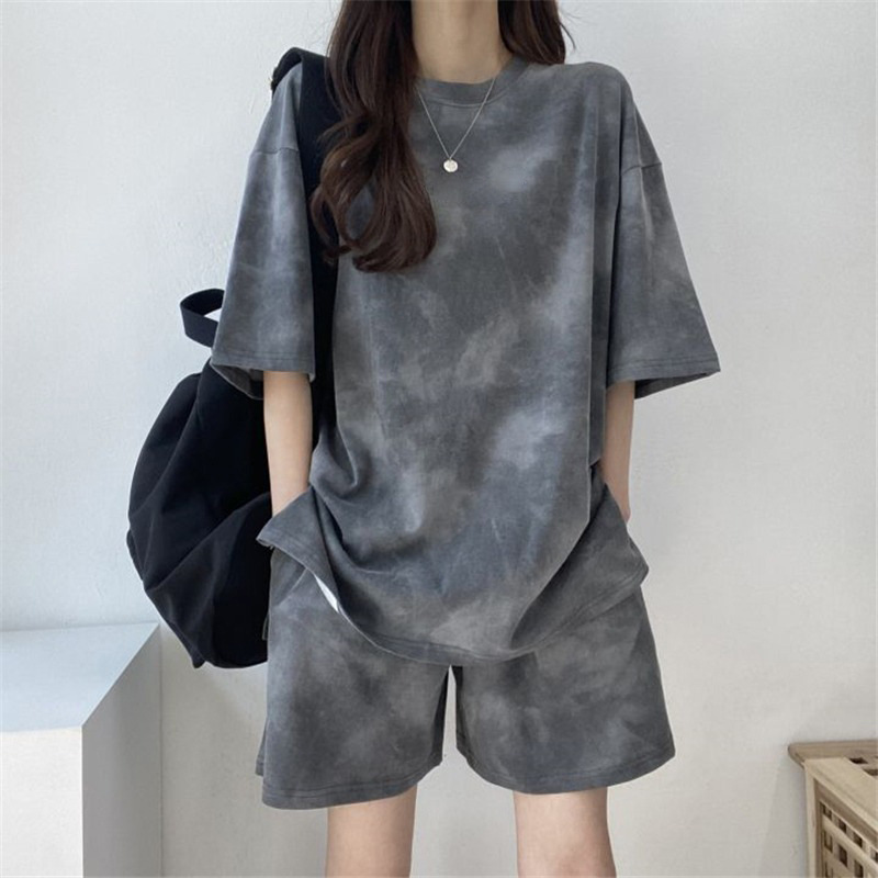 Tie-dye Sportswear Small Two-piece Set Women's Summer Casual Short-sleeved T-shirt Base Shirt Loose Wide-leg Shorts Set