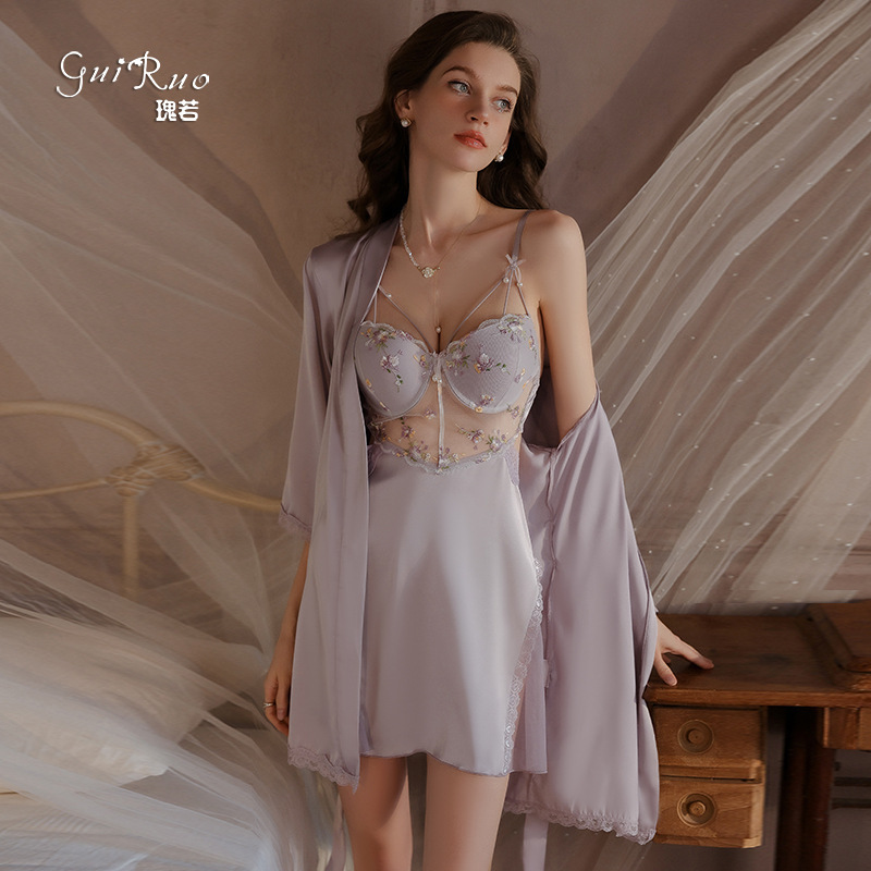Dz Sexy Pajamas Deep V Push-Up Plus Steel Ring Breast Pad Sweet Mesh Ice Silk Nightgown Outer Robe Set 4454 Dz Sexy Pajamas Deep V Push-Up Plus Steel Ring Breast Pad Sweet Mesh Ice Silk Nightgown Outer Robe Set 4454