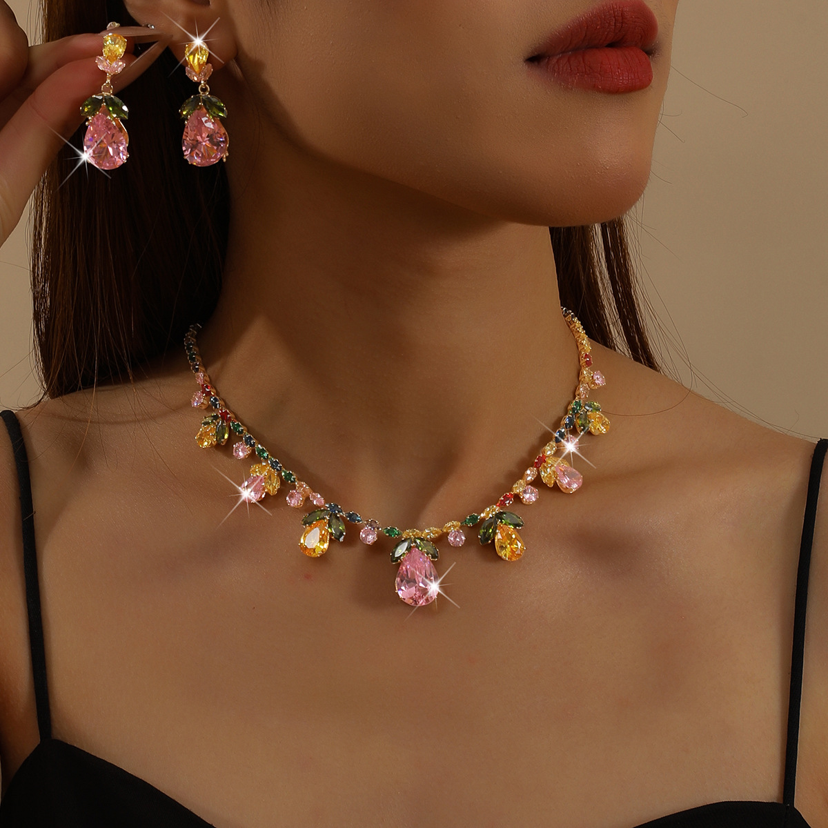 Collar de color de la industria pesada amazona orejas joyas set de moda de lujo vestido de novia cena joyas de zircon mujer image 9
