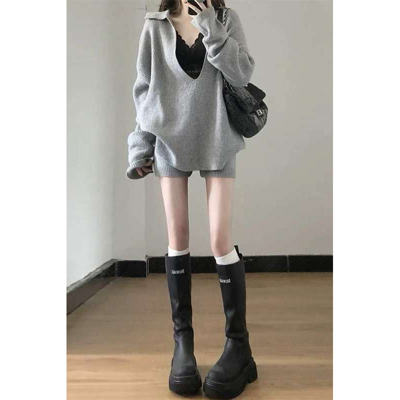 辣妹针织毛衣套装连衣裙女2025新款小个子短裤纯欲一整套秋冬穿搭|undefined