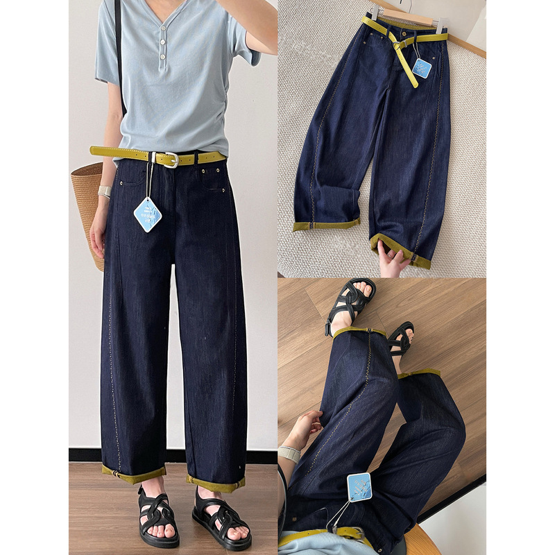 Anti-Fading Dark Blue Thin Denim Straight-Leg Pants, High-Waisted, Slimming, Color-Blocked, Cropped Wide-Leg Boyfriend Pants, Versatile, Curved-Leg Pants