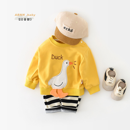 Newborn one-piece fun big white duck Western-style crawling suit baby autumn wear baby clothes baby cotton long crawling full moon