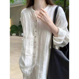 春季慵懒自在~复古银扣中式禅意风白色亚麻防晒衬衫外套